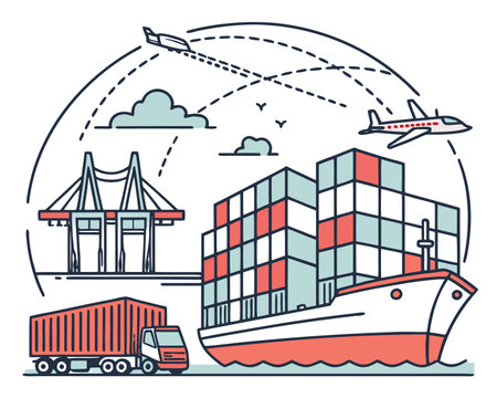 Freight transportation and logistics concept. Cargo ship, container, truck, plane, ship, cargo plane, bridge, terminal. Line art vector illustrationのイラスト素材