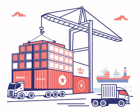 Logistics, transportation and shipping. Cargo ship, container, truck, crane. Vector illustration