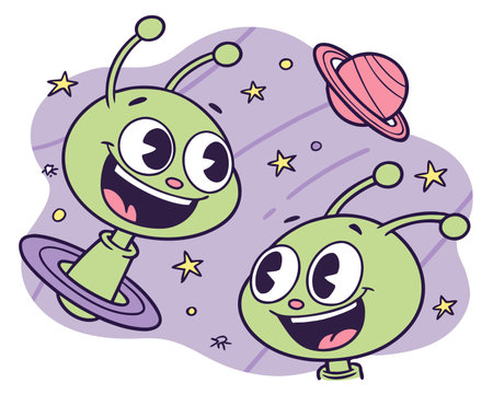 Cartoon alien with spaceship and planets. Vector illustration of a cute alien.のイラスト素材