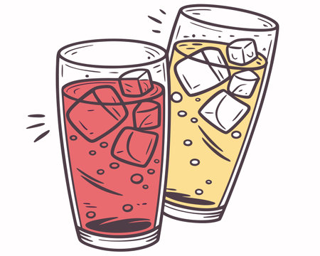 Illustration of two glasses of cola with ice cubes in doodle styleのイラスト素材