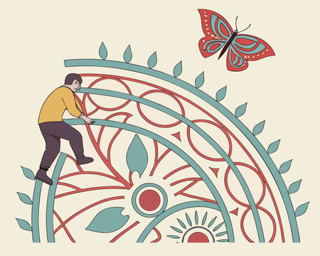 man climbing on the fence with butterfly. vector illustration in flat styleのイラスト素材
