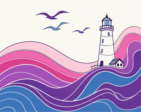 lighthouse and seagulls on the waves, vector illustrationのイラスト素材