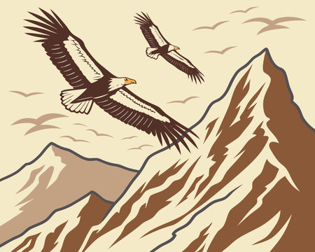 Eagle flying in the mountains. Vector illustration in vintage style.のイラスト素材
