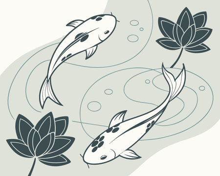 Illustration of a lotus and fish on a white background.のイラスト素材
