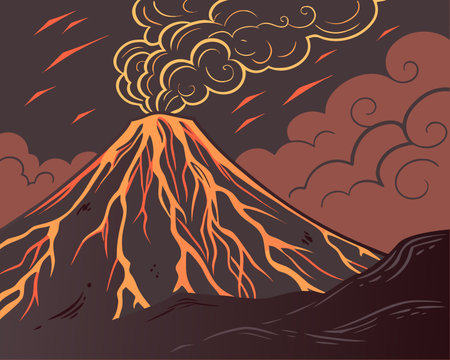 Volcano eruption. Vector illustration in retro style. EPS 10.のイラスト素材