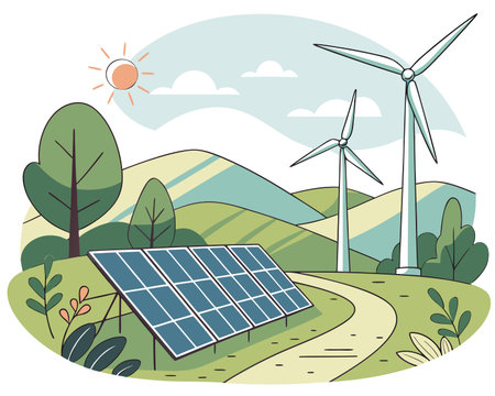 Vector illustration of solar panels, wind turbines and trees in the countryside.のイラスト素材