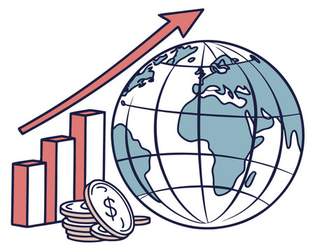 Global economy and finance concept. Vector illustration of a globe, coins and graphのイラスト素材