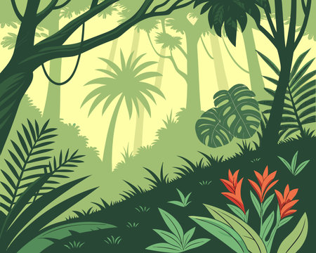 tropical jungle scene with palms and flowers, vector illustration graphic designのイラスト素材
