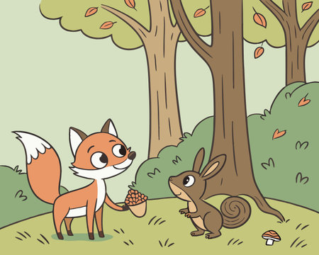 Cute fox and squirrel in the forest. Vector illustration cartoon style.のイラスト素材