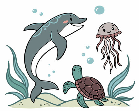 Cute cartoon dolphin, jellyfish and octopus. Vector illustration.のイラスト素材