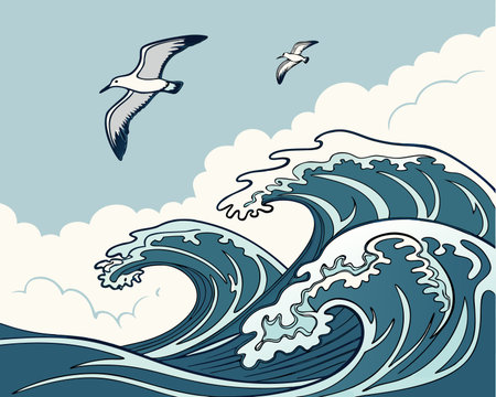 Seascape with big waves and seagulls. Vector illustrationのイラスト素材