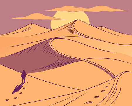 Vector illustration of a woman walking in the sand dunes at sunsetのイラスト素材