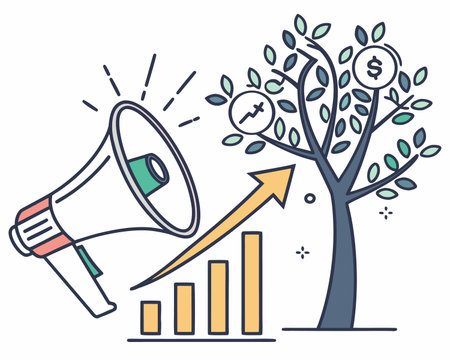 Vector illustration of growing money tree with megaphone. Business concept.のイラスト素材