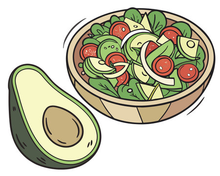 Avocado salad with tomato and cucumber. Hand drawn vector illustration.のイラスト素材