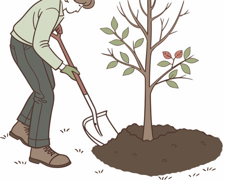 Illustration of a Gardener Planting a Tree with a Shovelのイラスト素材