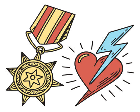 Set of award medals with heart and lightning. Vector illustration in doodle style.のイラスト素材