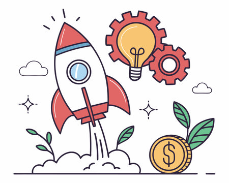 Startup concept. Flat line design style vector illustration with rocket, lightbulb, money and gear.のイラスト素材