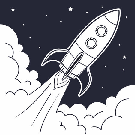 Rocket in the night sky. Vector illustration in a flat style.のイラスト素材