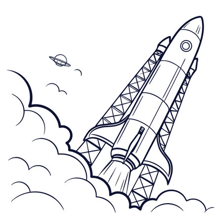 Space rocket flying in the sky. Black and white vector illustration.のイラスト素材