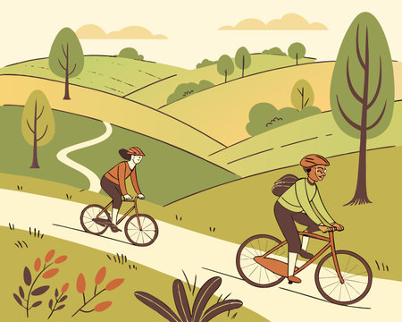 Couple of men riding bicycles in the park. Vector illustration.のイラスト素材