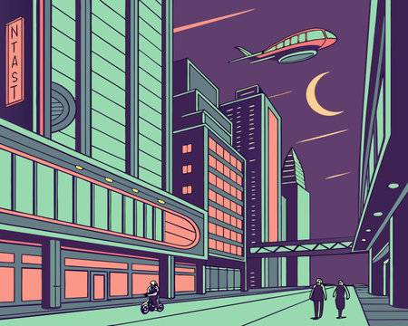 Vector illustration of modern city with skyscrapers and people on the streetのイラスト素材