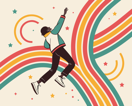 Jumping young man on rainbow background. Vector illustration in retro style.のイラスト素材