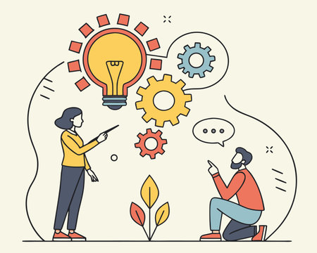 Vector illustration with business people working together and brainstorming. Teamwork and brainstorming concept.のイラスト素材