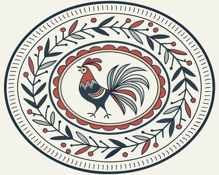 Vector illustration of rooster in a round frame with floral ornament.のイラスト素材