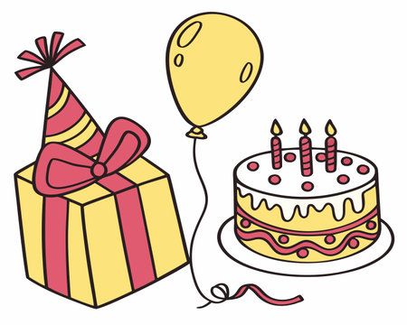birthday cake with gift box and balloons over white background, vector illustrationのイラスト素材