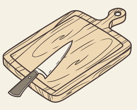 Wooden cutting board and knife isolated on white background. Vector illustration.のイラスト素材