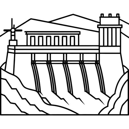 Hydroelectric dam with wind turbines and water tower vector illustration graphic designのイラスト素材