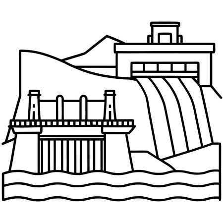 Hydroelectric power plant. Vector illustration in outline style on white background.のイラスト素材