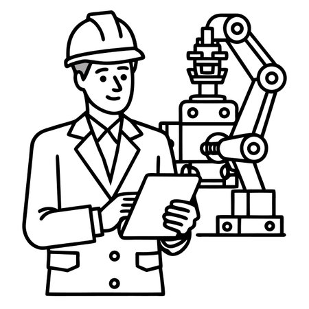 Engineer with tablet and robot arm. Vector illustration in outline styleのイラスト素材