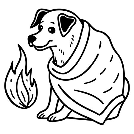 Black and White Cartoon Illustration of a Dog with a Fire Signのイラスト素材