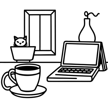 laptop computer with coffee cup and cat in the window vector illustration designのイラスト素材