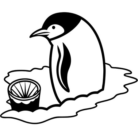 Penguin with ice bucket and lemon - black and white illustrationのイラスト素材