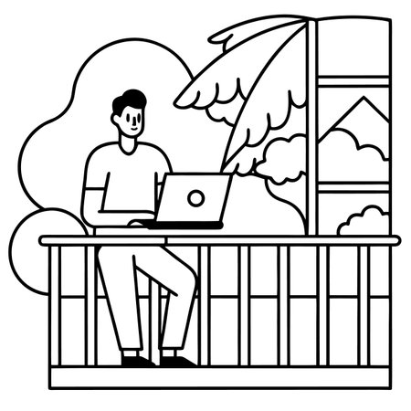 young man with laptop sitting in the balcony vector illustration line style designのイラスト素材