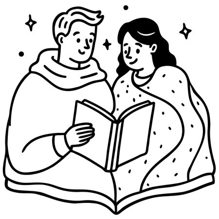 Couple reading a book under a blanket. Black and white vector illustration.のイラスト素材