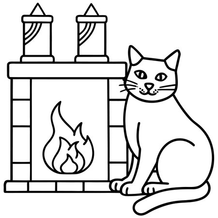 Black and White Cartoon Illustration of Cat with Fireplace or Fireplace for Coloring Bookのイラスト素材