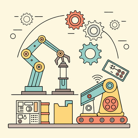 Industrial robot and machine. Vector illustration in thin line style.のイラスト素材