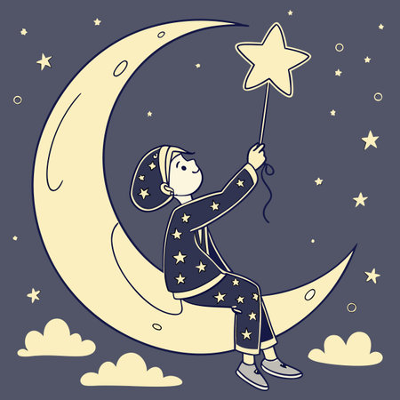 Cute little boy in pajamas on the moon. Vector illustrationのイラスト素材