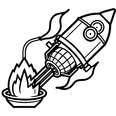 Black and White Cartoon Illustration of Rocket or Spaceship with Fire Flames for Coloring Bookのイラスト素材