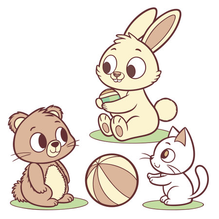 Cute cartoon rabbit with a ball and a bear. Vector illustration.のイラスト素材