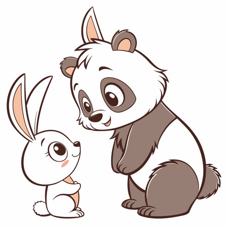 Cute cartoon panda and rabbit on white background. Vector illustration.のイラスト素材