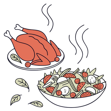 Vector illustration of roasted turkey with vegetables and fruits in a bowl.のイラスト素材
