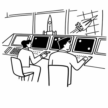 Vector illustration of businessman working on computer at space station. Black and white linear drawing.のイラスト素材