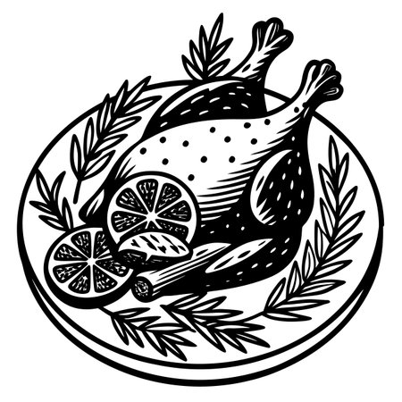 Roast chicken with lemon and rosemary on plate. Vector illustration.のイラスト素材