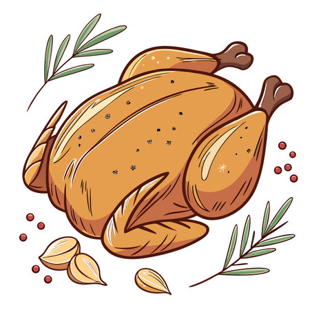 Vector illustration of roasted turkey with spices and herbs on white background.のイラスト素材