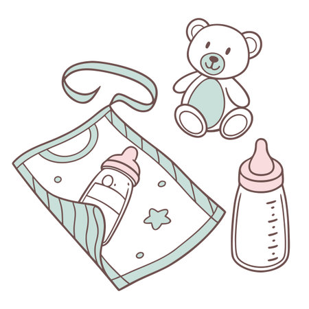 Vector illustration of a set of elements for baby shower. Teddy bear, pacifier, diapers.のイラスト素材