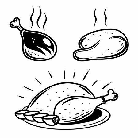 Roast chicken set. Black and white vector illustration isolated on white background.のイラスト素材